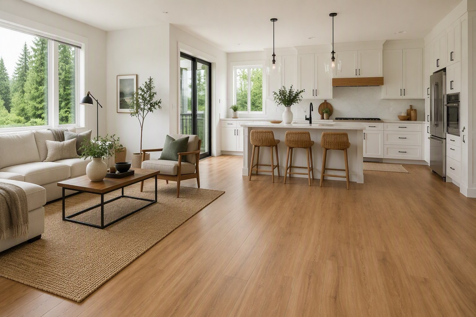 Before and after of the same Tri-Cities WA living room with new hardwood and LVP flooring